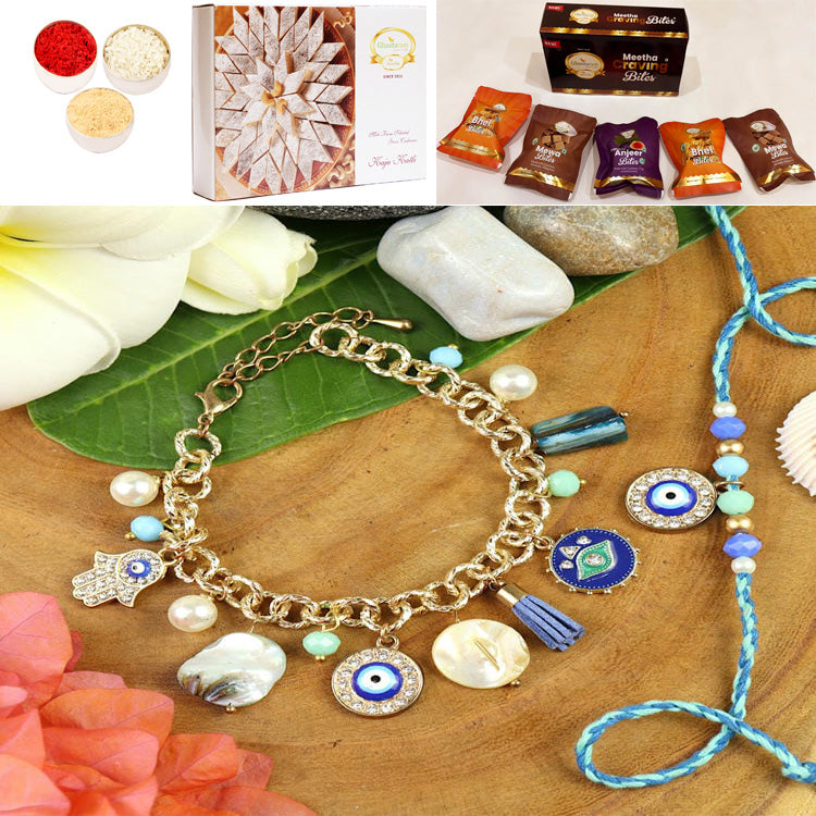 BRS25-025-Evil Eye Multi Charm With Mother of Pearl Chain Bracelet & Rakhi Set- Bhaiya Bhabhi Rakhis with Asorted bites box and 200 gms of Kaju katli
