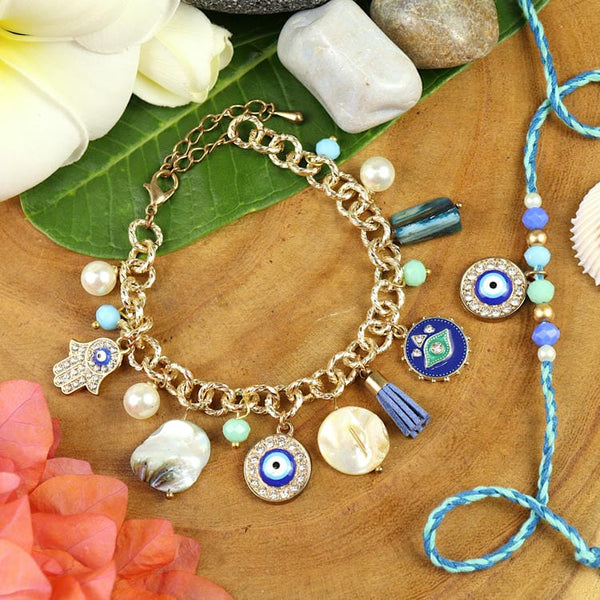 BRS25-025-Evil Eye Multi Charm With Mother of Pearl Chain Bracelet & Rakhi Set- Bhaiya Bhabhi Rakhis