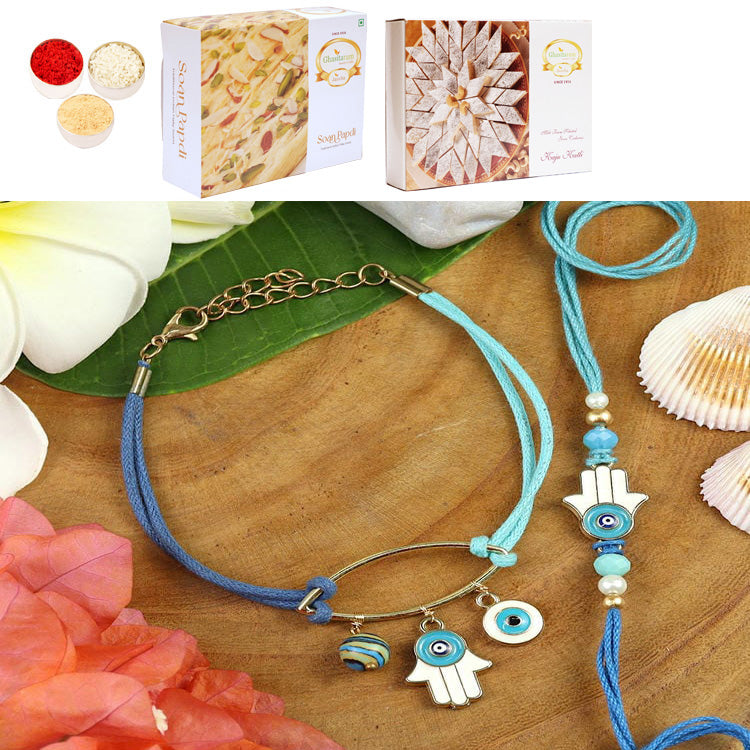 BRS25-029-Evil Eye Bracelet & Rakhi Set- Bhaiya Bhabhi Rakhis with 200 gms of Kaju katli and 200 gms of Soan Papdi