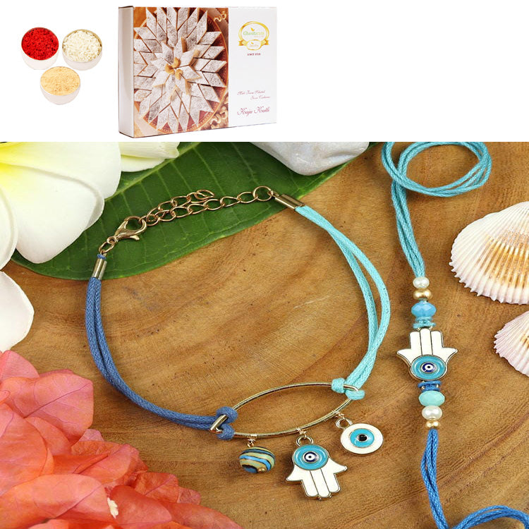 Rakhis online USA -BRS25-029-Evil Eye Bracelet & Rakhi Set- Bhaiya Bhabhi Rakhis with 200 gms of Kaju katli