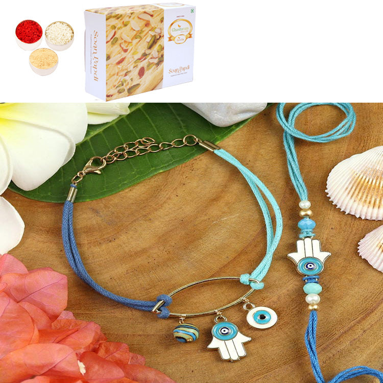 Rakhis online USA -BRS25-029-Evil Eye Bracelet & Rakhi Set- Bhaiya Bhabhi Rakhis with 200 gms of Soan Papdi