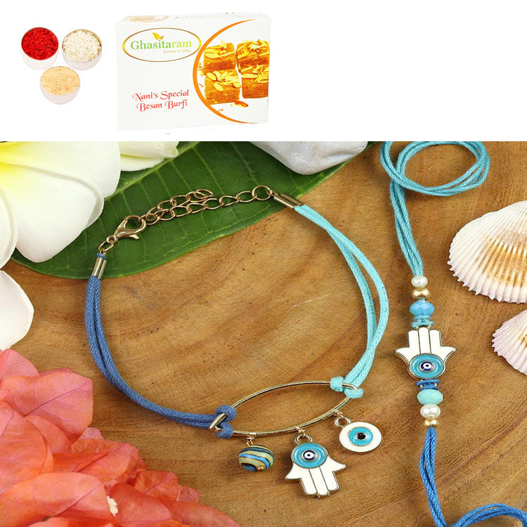 Rakhis online USA -BRS25-029-Evil Eye Bracelet & Rakhi Set- Bhaiya Bhabhi Rakhis with 200 gms of Besan Barfi
