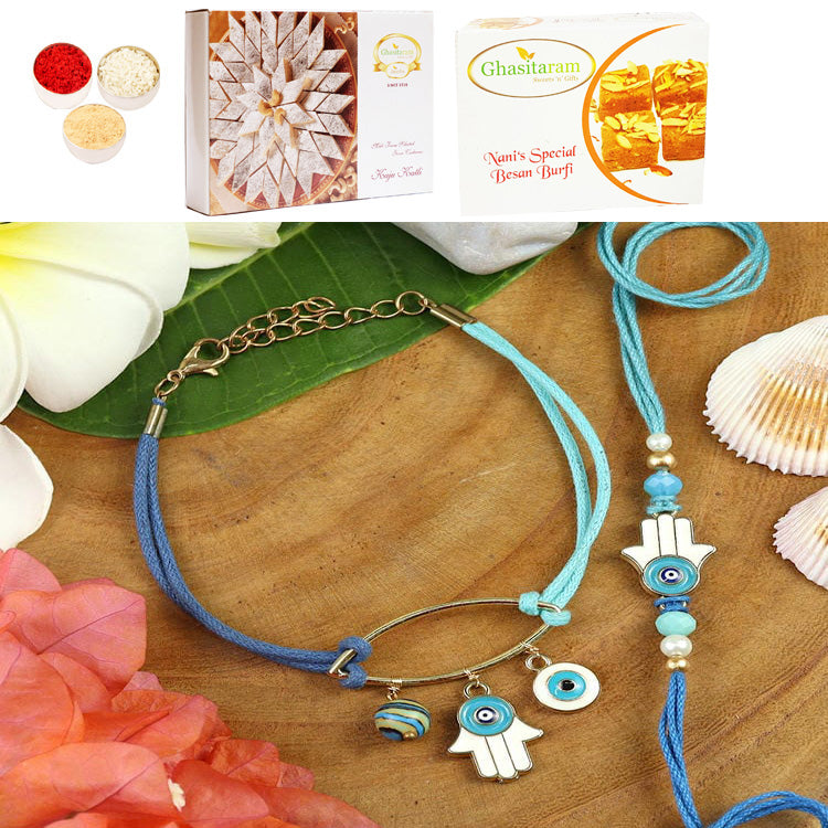 BRS25-029-Evil Eye Bracelet & Rakhi Set- Bhaiya Bhabhi Rakhis with 200 gms of Besan Barfi and 200 gms of Kaju Katli