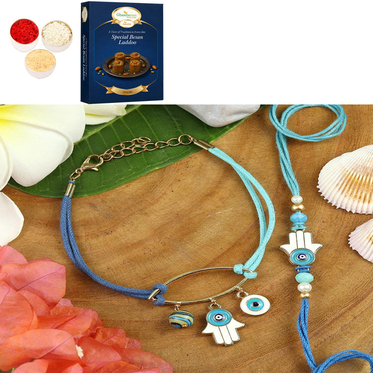 BRS25-029-Evil Eye Bracelet & Rakhi Set- Bhaiya Bhabhi Rakhis with 200 gms of Besan Laddoo
