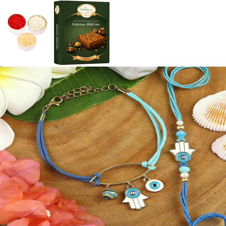 BRS25-029-Evil Eye Bracelet & Rakhi Set- Bhaiya Bhabhi Rakhis with 200 gms of Milk Cake