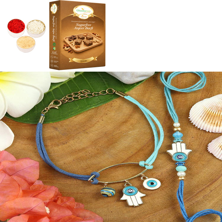BRS25-029-Evil Eye Bracelet & Rakhi Set- Bhaiya Bhabhi Rakhis with 200 gms of Sugarfree Anjeer Barfi