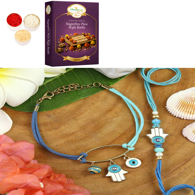 BRS25-029-Evil Eye Bracelet & Rakhi Set- Bhaiya Bhabhi Rakhis with 200 gms of Sugarfree Kaju katli