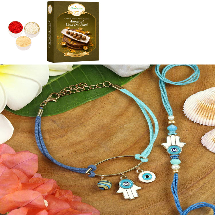 BRS25-029-Evil Eye Bracelet & Rakhi Set- Bhaiya Bhabhi Rakhis with 200 gms of Pinni 