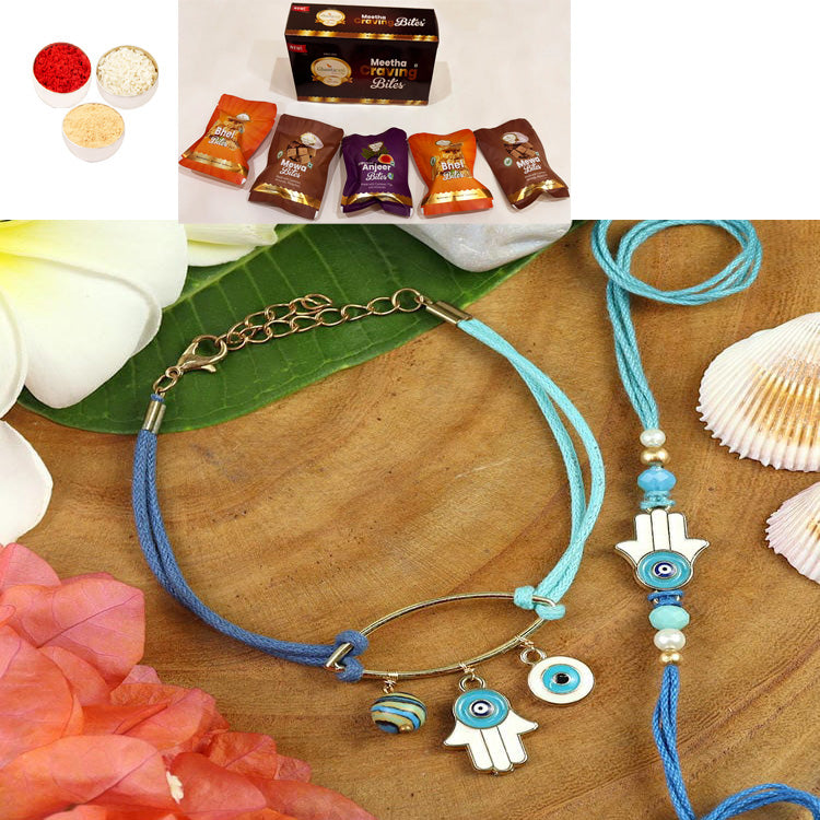 Rakhis online UK -BRS25-029-Evil Eye Bracelet & Rakhi Set- Bhaiya Bhabhi Rakhis with Asorted bites box