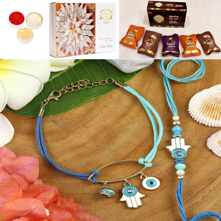 BRS25-029-Evil Eye Bracelet & Rakhi Set- Bhaiya Bhabhi Rakhis with Asorted bites box and 200 gms of Kaju katli