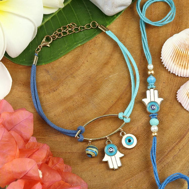 Rakhis online UK -BRS25-029-Evil Eye Bracelet & Rakhi Set- Bhaiya Bhabhi Rakhis