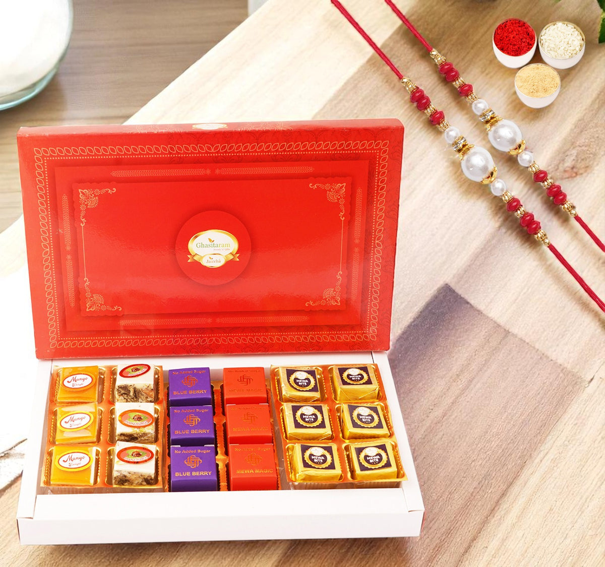Rakhi Gifts Sweets-Best Assorted Bites 18 pcs with 2 rakhis