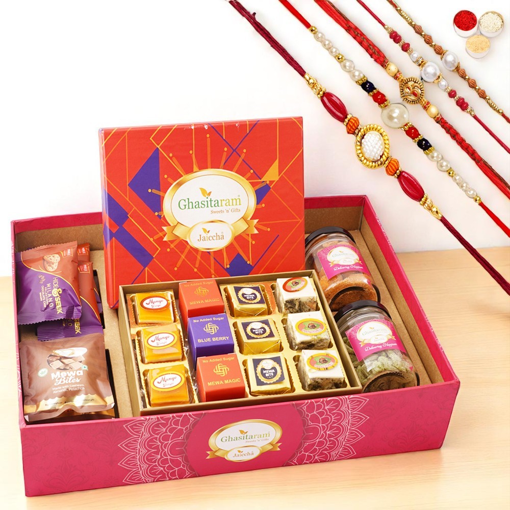 Big Hamper Tray with best bites, Crunchy Cashew, Flavour Raisins, Mewa Bites and Cookies with 5 rakhis