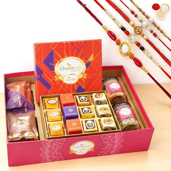 Big Hamper Tray with best bites, Crunchy Cashew, Flavour Raisins, Mewa Bites and Cookies with 5 rakhis