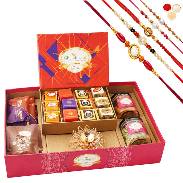 Big Hamper tray with best bites, diya, and crunchy cashew, Flavour raisins, mewa bites and cookies with 5 rakhis