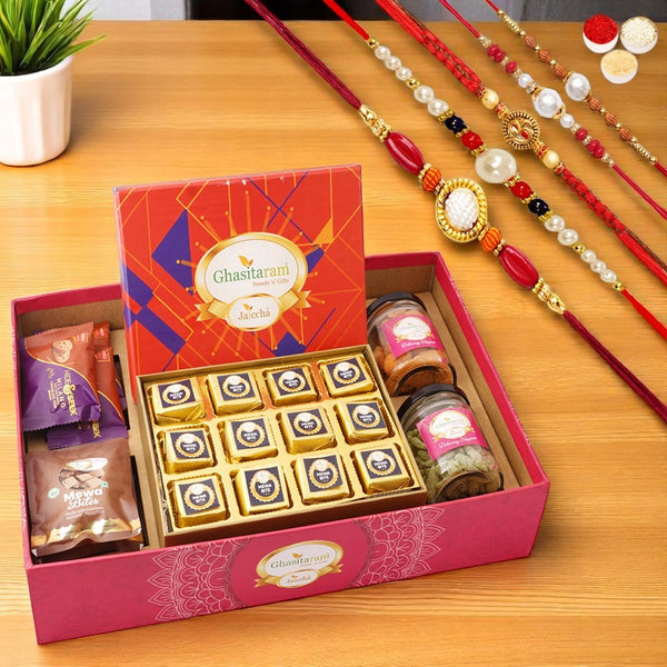 Big Hamper Tray with mewa bites, Crunchy Cashew, Flavour Raisins, Mewa Bites and Cookies with 5 rakhis