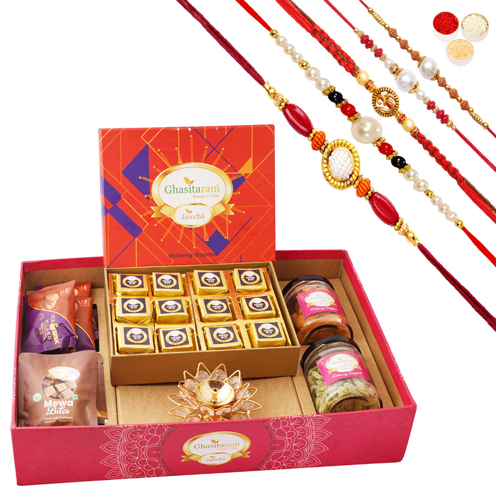 Big Hamper tray with mewa bites, diya, and crunchy cashew, Flavour raisins, mewa bites and cookies with 5 rakhis