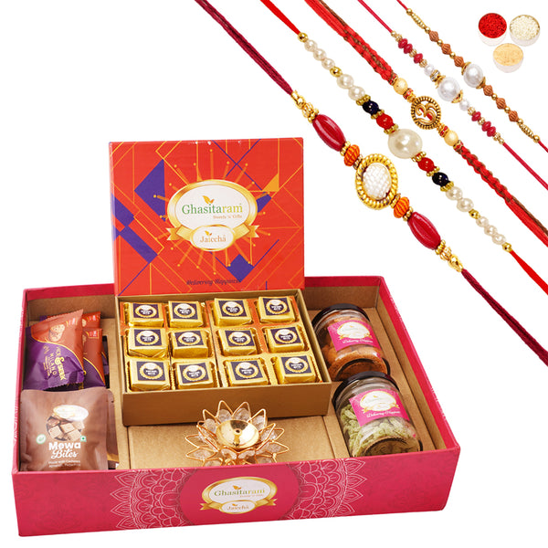 Big Hamper tray with mewa bites, diya, and crunchy cashew, Flavour raisins, mewa bites and cookies with 5 rakhis