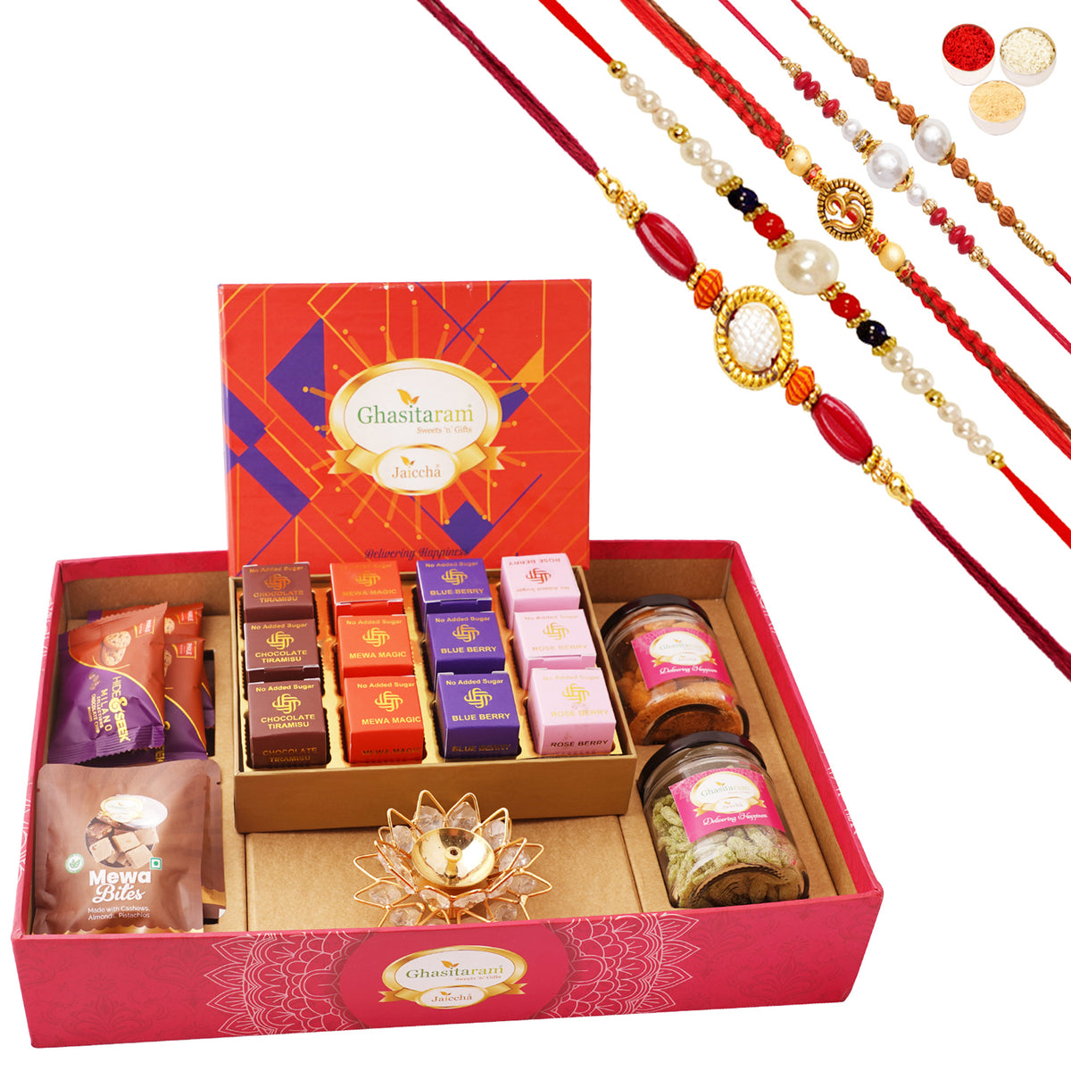 Big Hamper tray with sugarfree mewa bites, diya, and crunchy cashew, Flavour raisins, mewa bites and cookies with 5 rakhis
