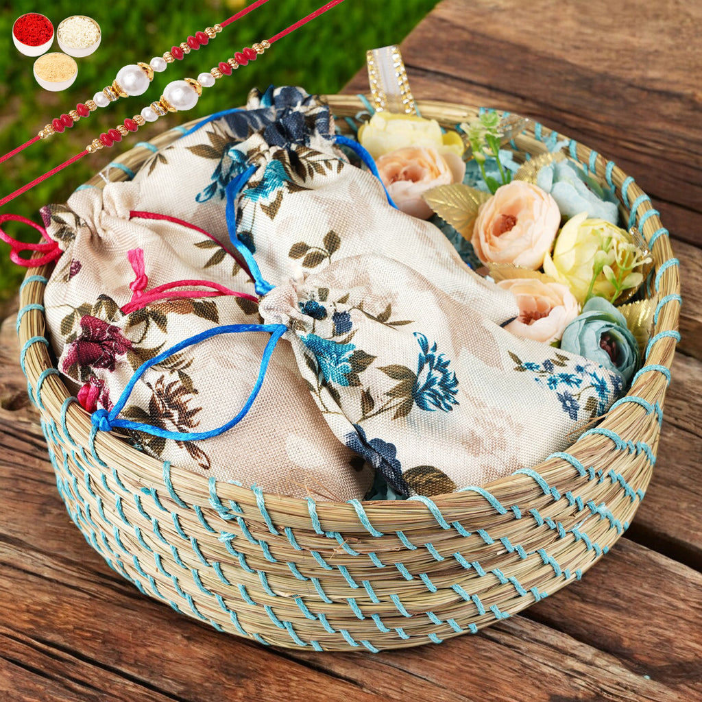 Blue Jute Basket of 5 jute pouches of dryfruits with 2 rakhis