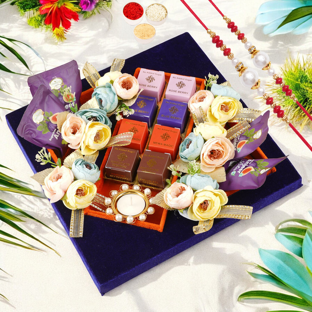 Rakhi Gifts-Blue velvet tray with Sugarfree Mewa bites with 2 rakhis