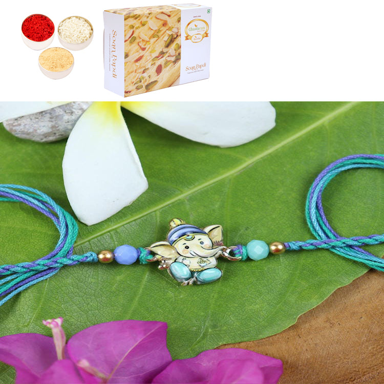 Rakhis Online Australia-ST24-130- Printed Stone Ganpati Divine Rakhi with 200 gms of Soan Papdi