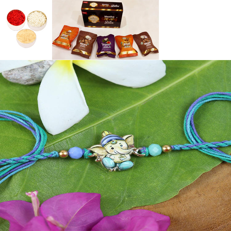 Rakhis Online Australia-ST24-130- Printed Stone Ganpati Divine Rakhi with Asorted bites box