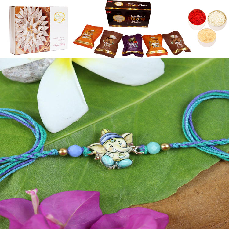 ST24-130- Printed Stone Ganpati Divine Rakhi with Asorted bites box and 200 gms of Kaju katli