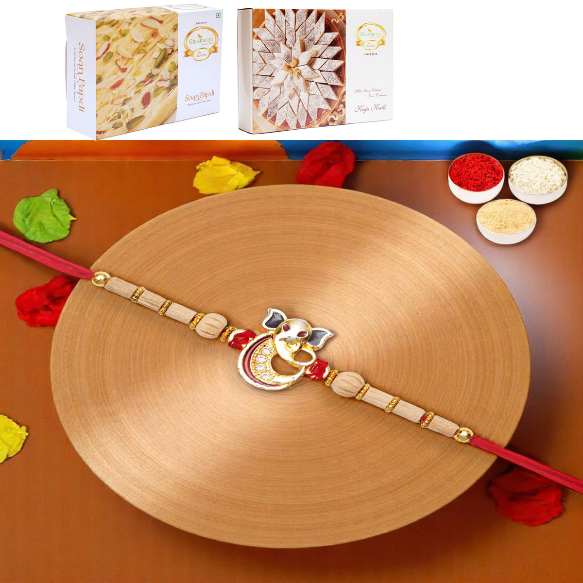A-2 Ganesha Divine Rakhi with 200 gms of Kaju katli and 200 gms of Soan Papdi