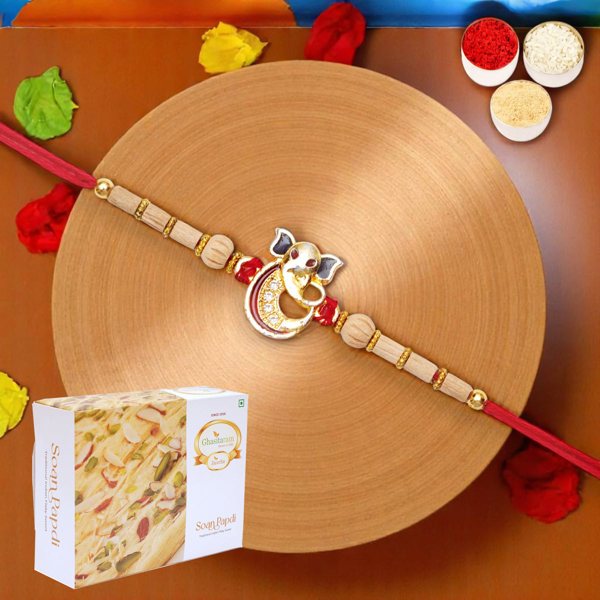 A-2 Ganesha Divine Rakhi with 400 gms of Soan Papdi