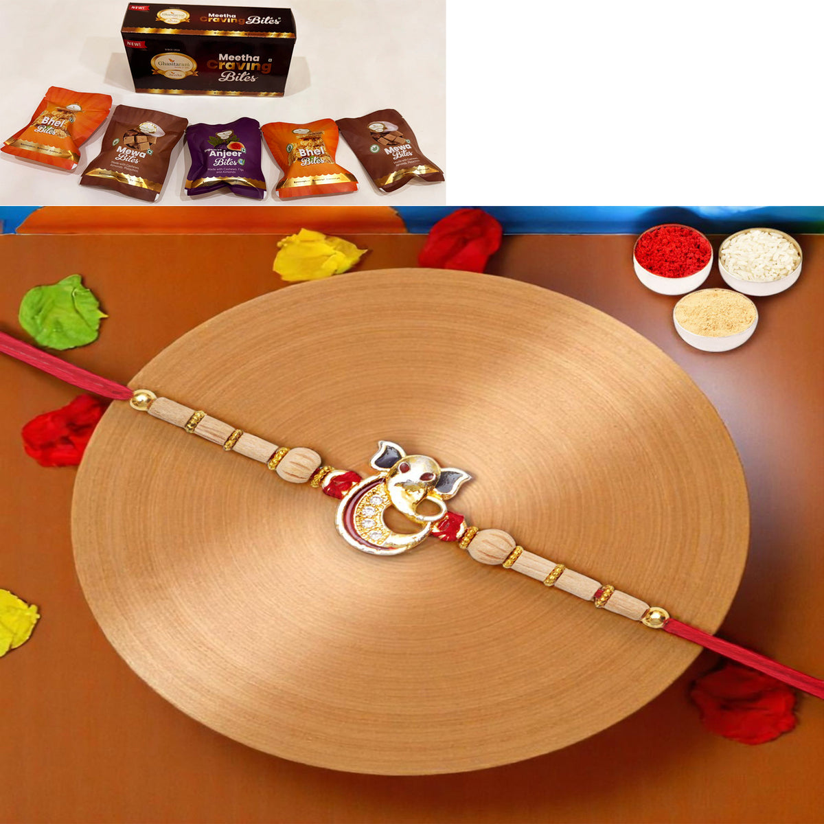 A-2 Ganesha Divine Rakhi with Asorted bites box