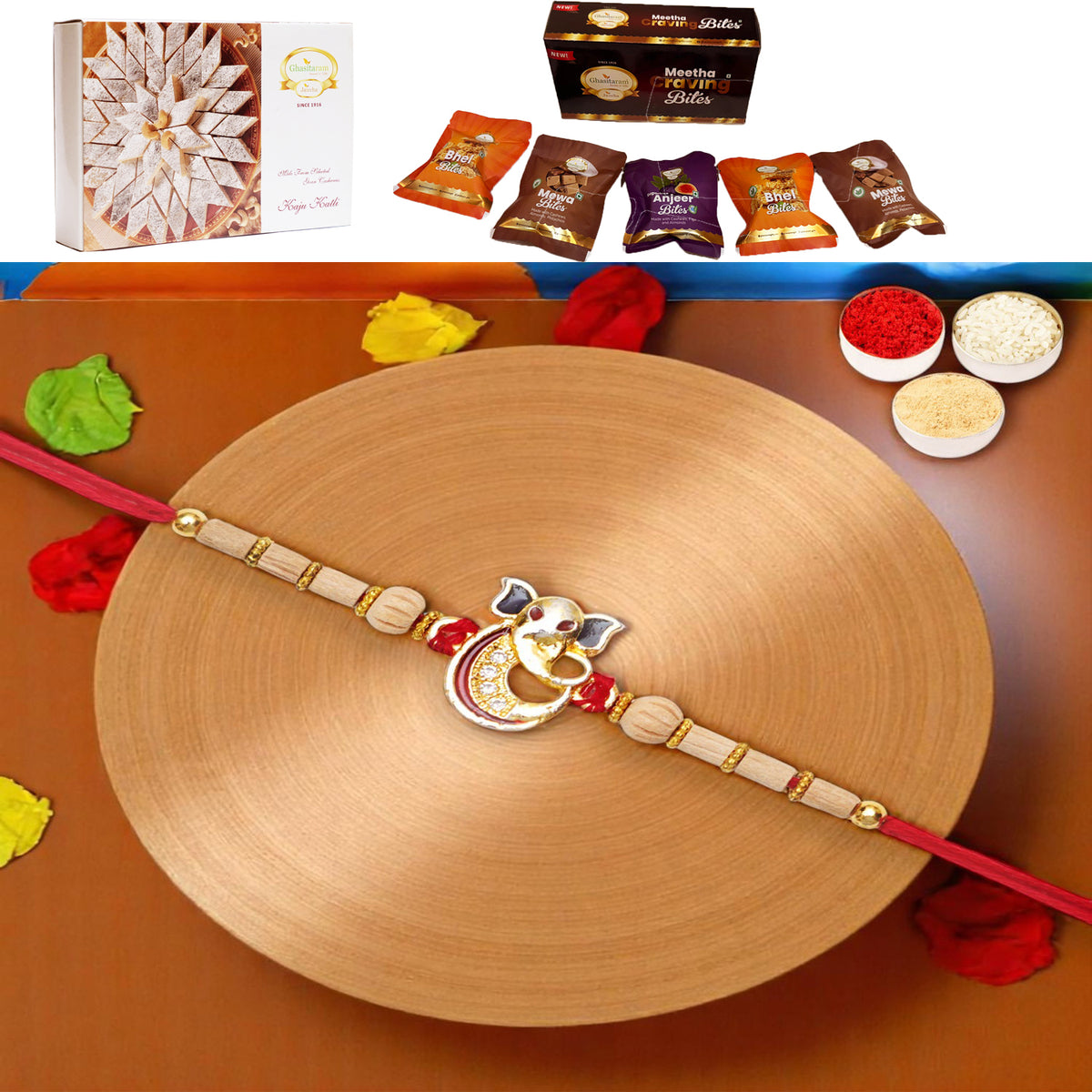 A-2 Ganesha Divine Rakhi with Asorted bites box and 200 gms of Kaju katli