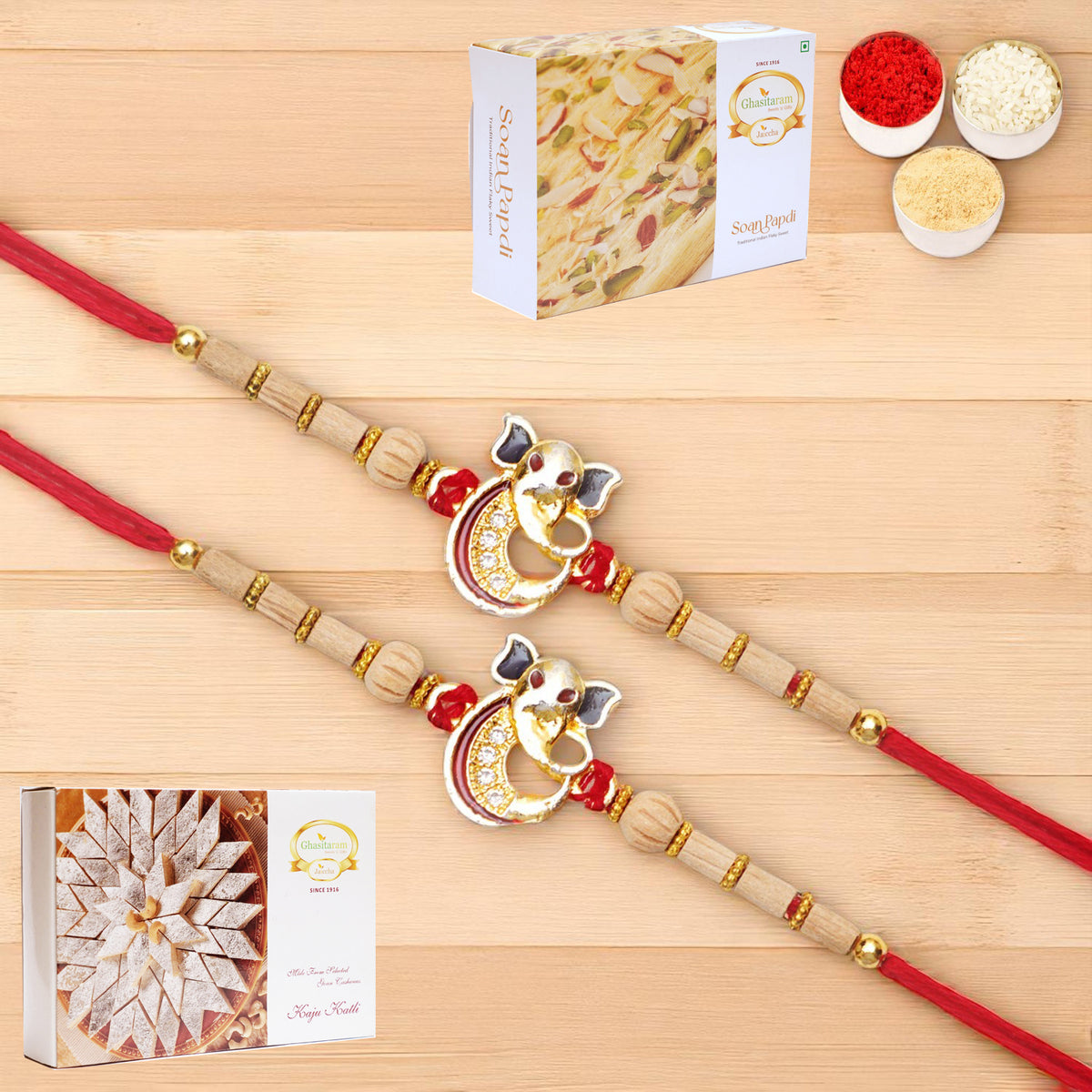 Set of 2 - A-2 Ganesha Divine Rakhi with 200 gms of Kaju katli and 200 gms of Soan Papdi