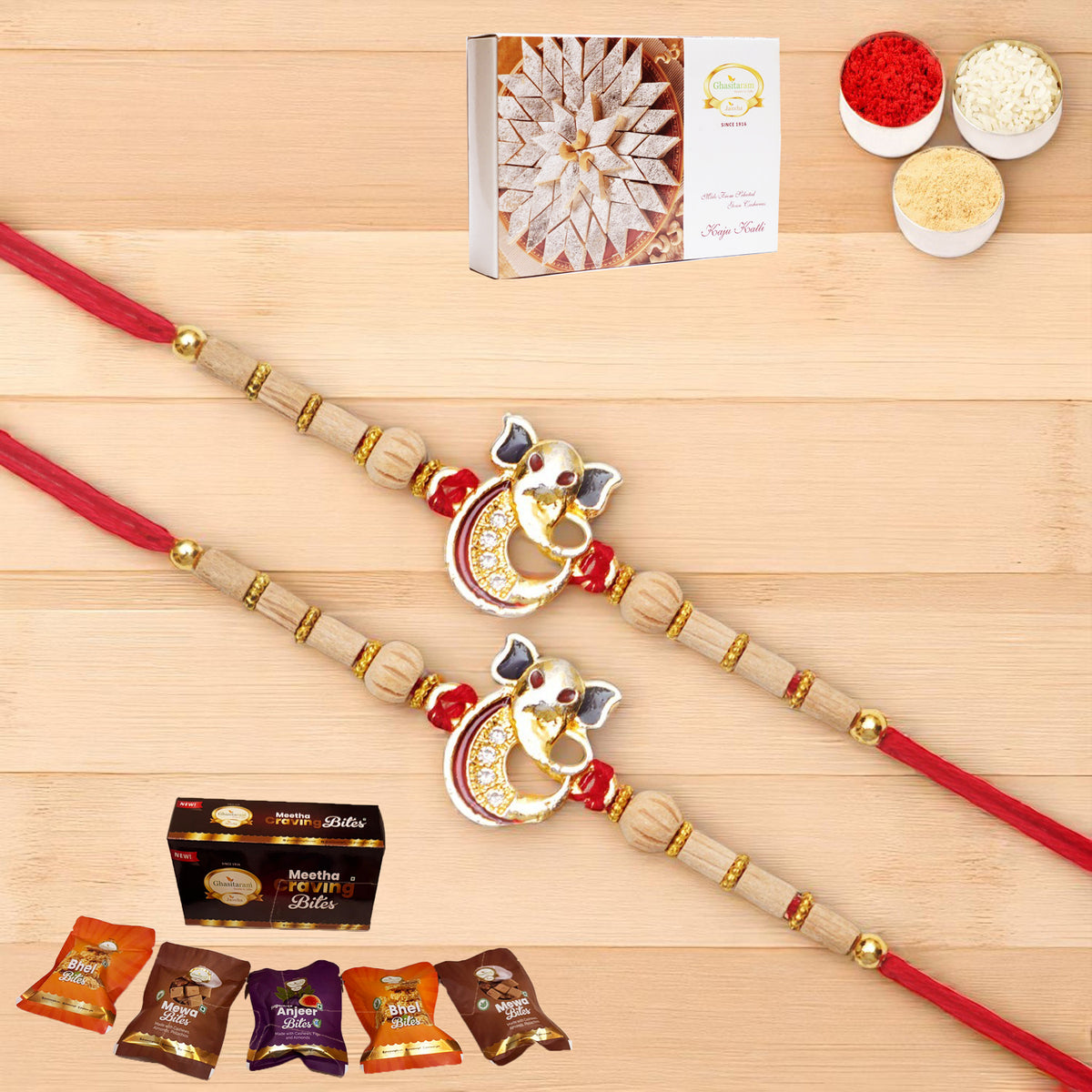 Set of 2 - A-2 Ganesha Divine Rakhi with Asorted bites box and 200 gms of Kaju katli