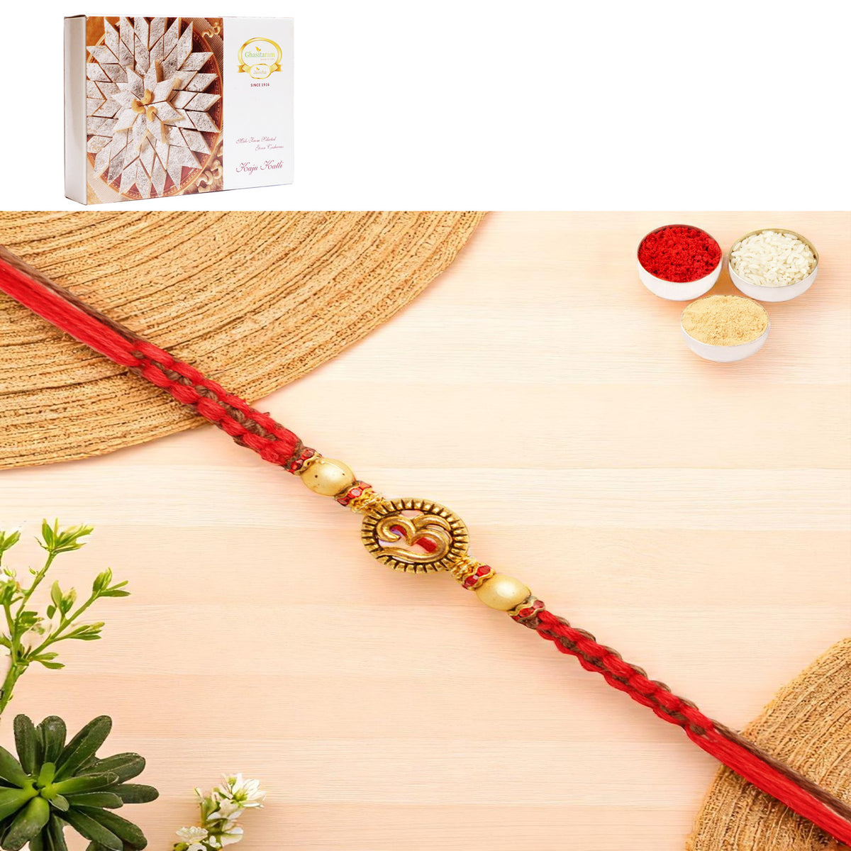 Y-67 Om Rakhi with 400 gms of Kaju katli