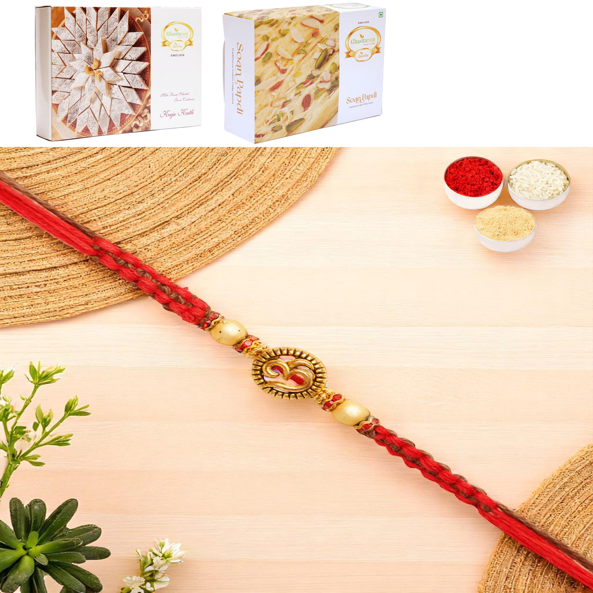 Y-67 Om Rakhi with 200 gms of Kaju katli and 200 gms of Soan Papdi