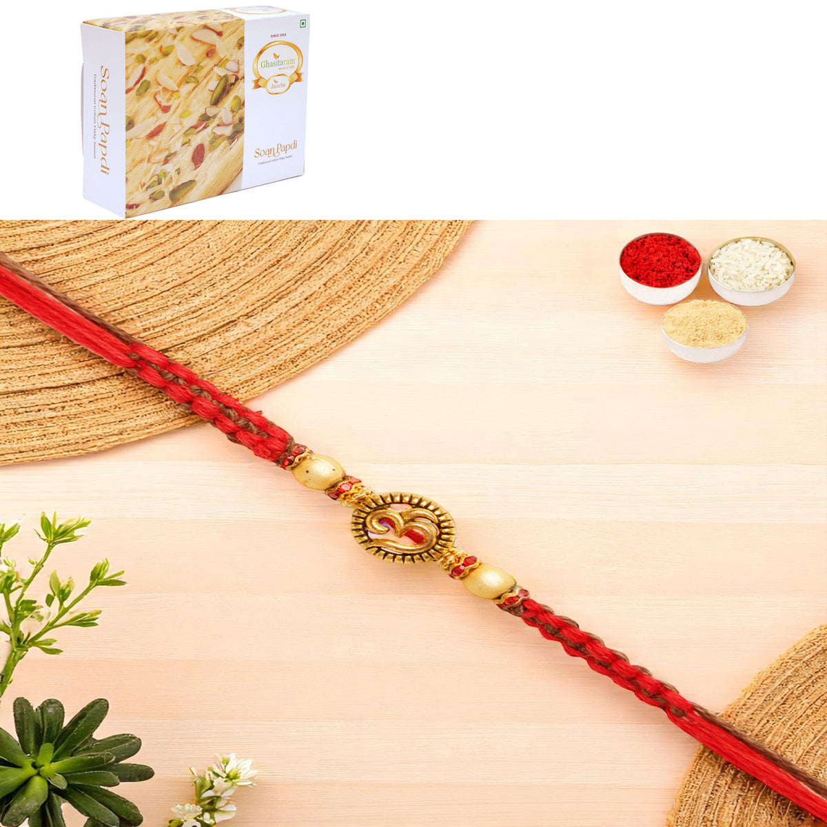 Y-67 Om Rakhi with 400 gms of Soan Papdi