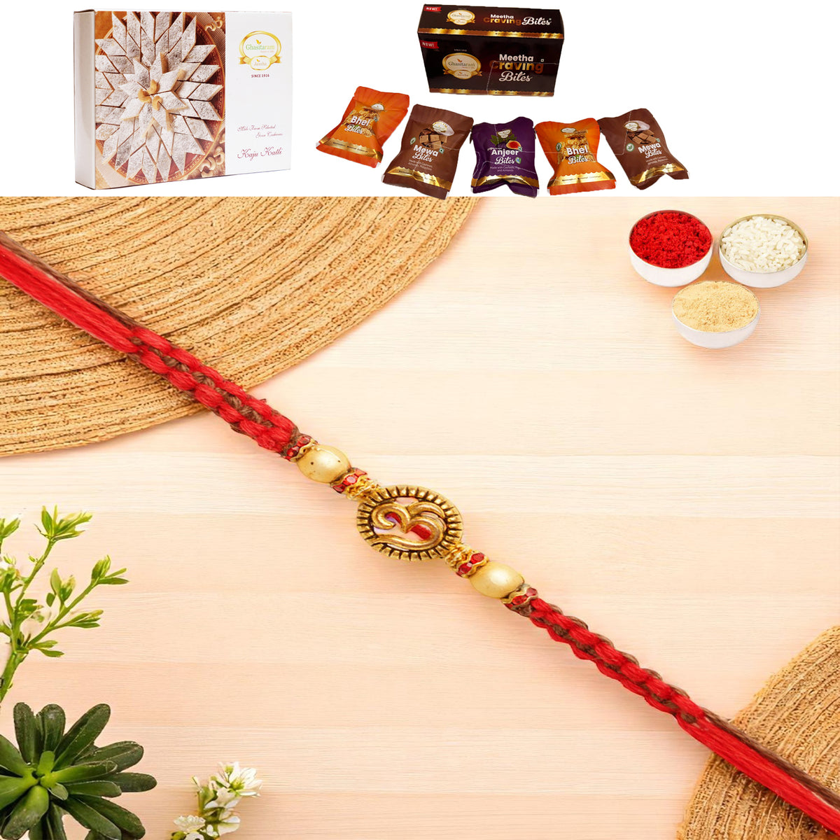 Y-67 Om Rakhi with Asorted bites box and 200 gms of Kaju katli