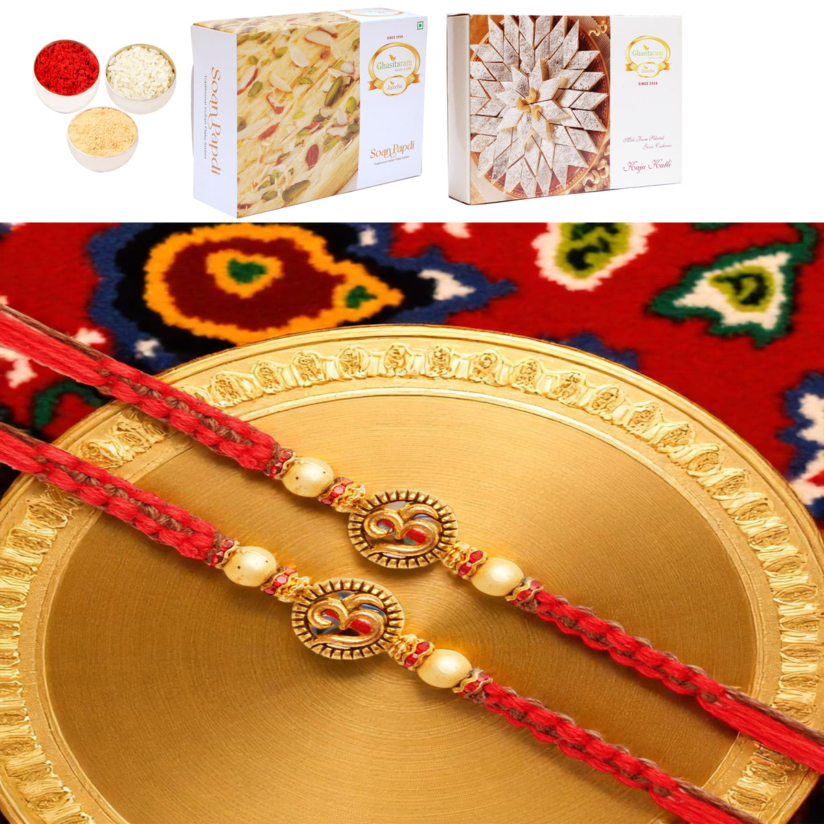 Set of 2 - Y-67 Om Rakhi with 200 gms of Kaju katli and 200 gms of Soan Papdi