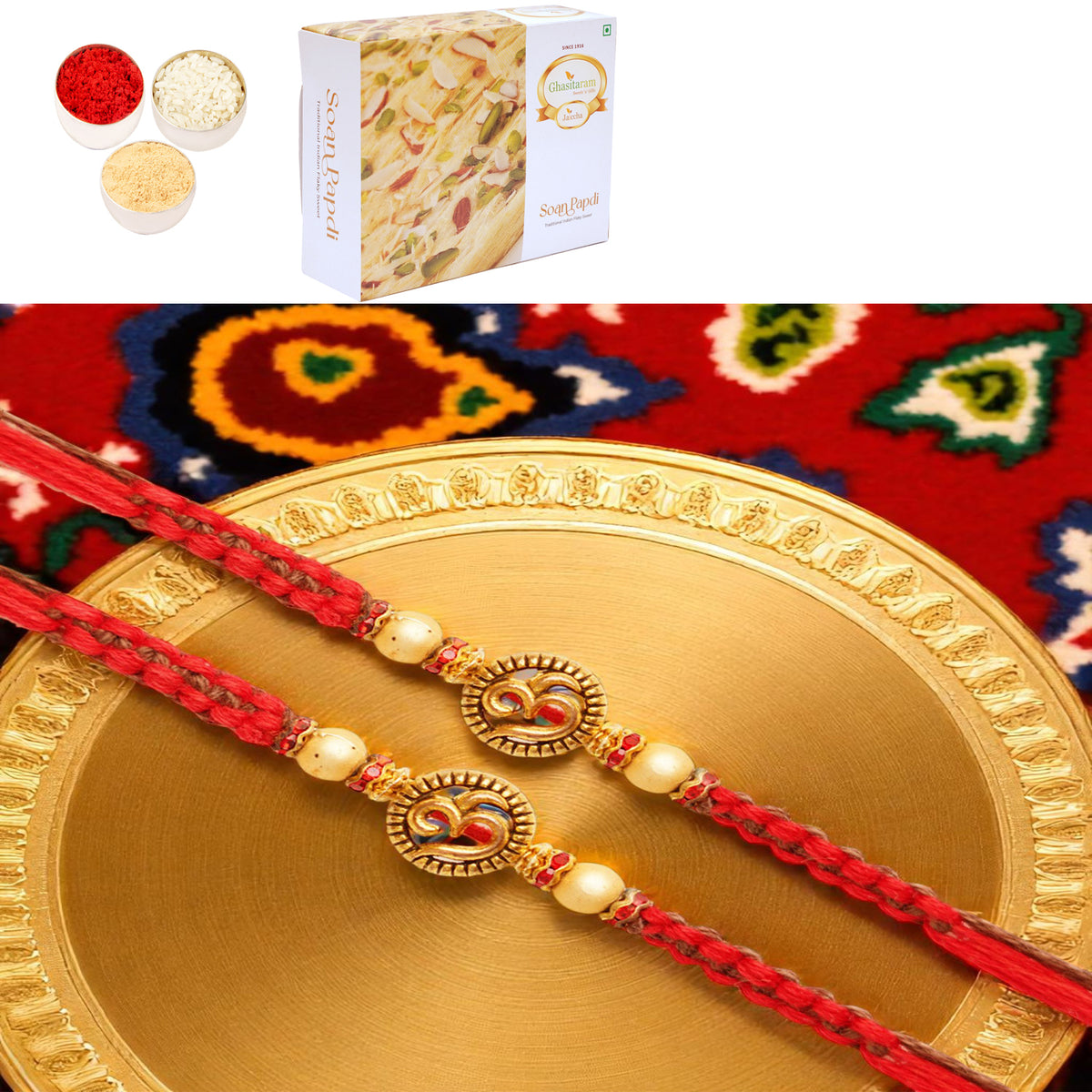 Rakhis Online UK-Set of 2 - Y-67 Om Rakhi with 200 gms of Soan Papdi
