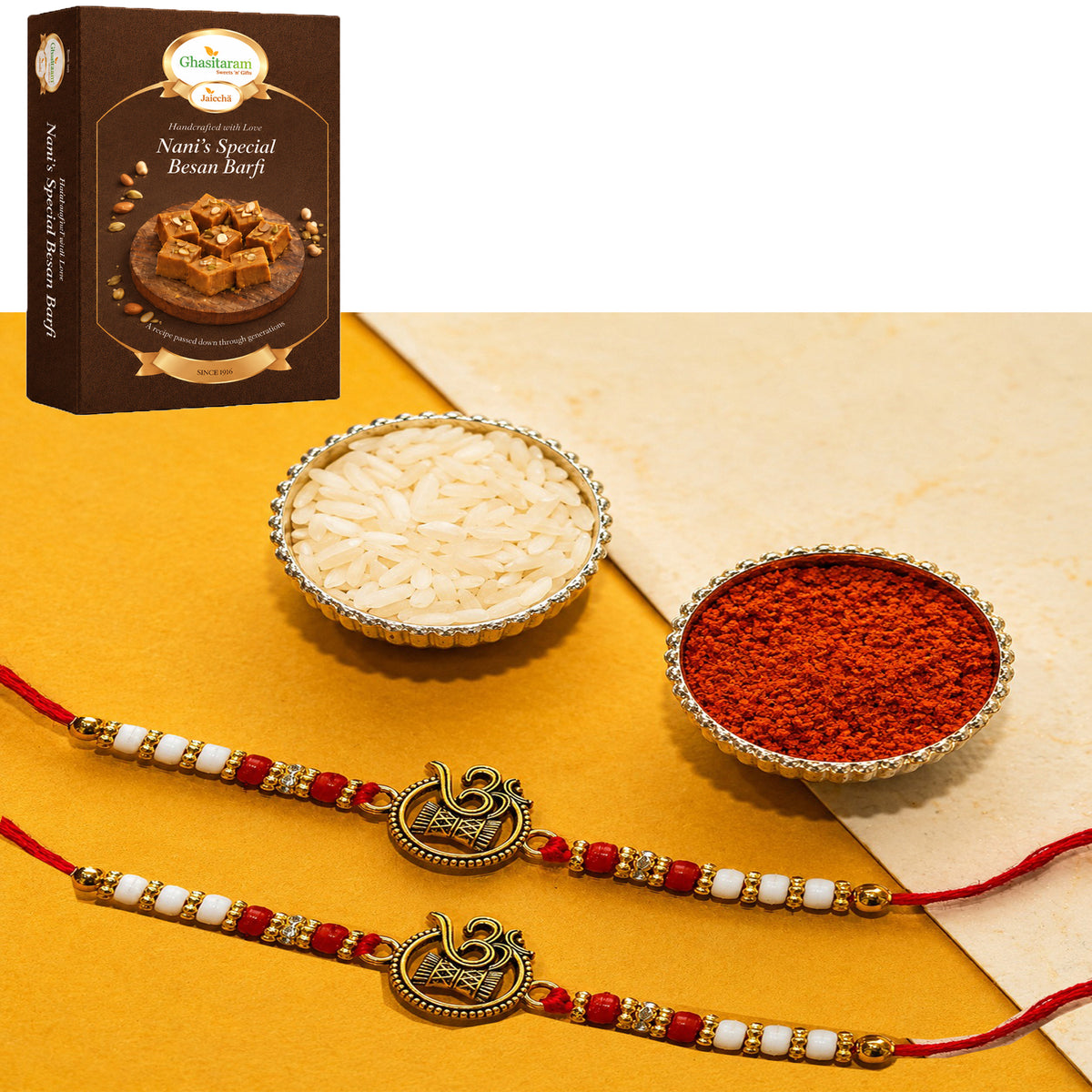 Set of 2 - Y-67 Om Rakhi with 200 gms of Besan Barfi