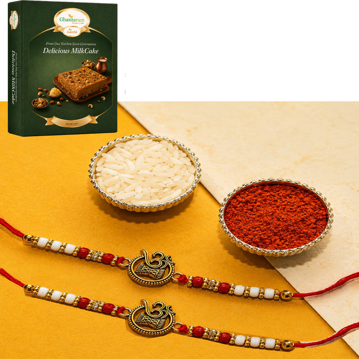 Set of 2 - Y-67 Om Rakhi with 200 gms of Milk Cake