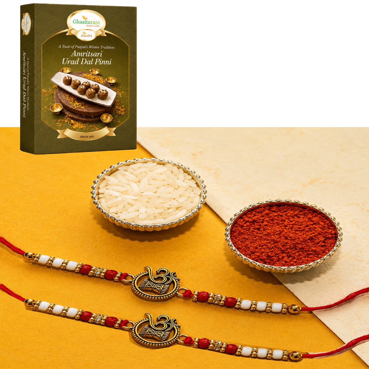 Set of 2 - Y-67 Om Rakhi with 200 gms of Pinni 
