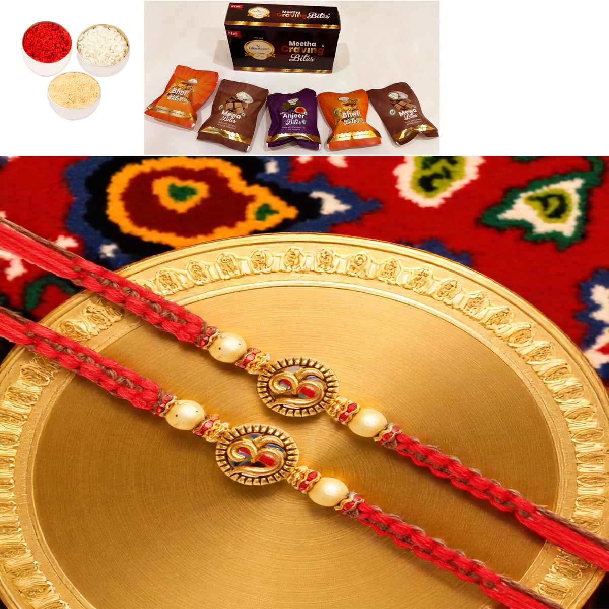 Rakhis Online USA-Set of 2 - Y-67 Om Rakhi with Asorted bites box