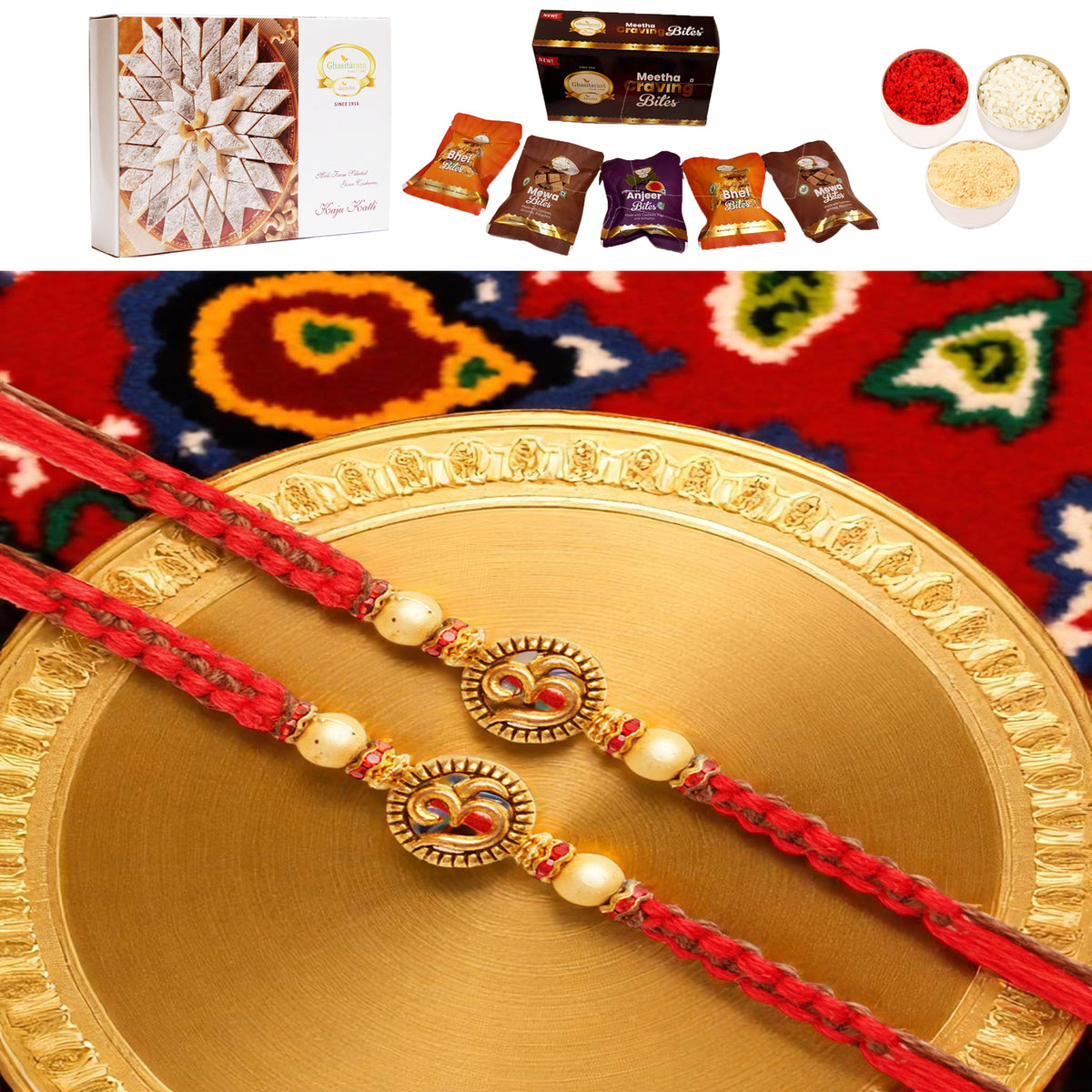 Set of 2 - Y-67 Om Rakhi with Asorted bites box and 200 gms of Kaju katli