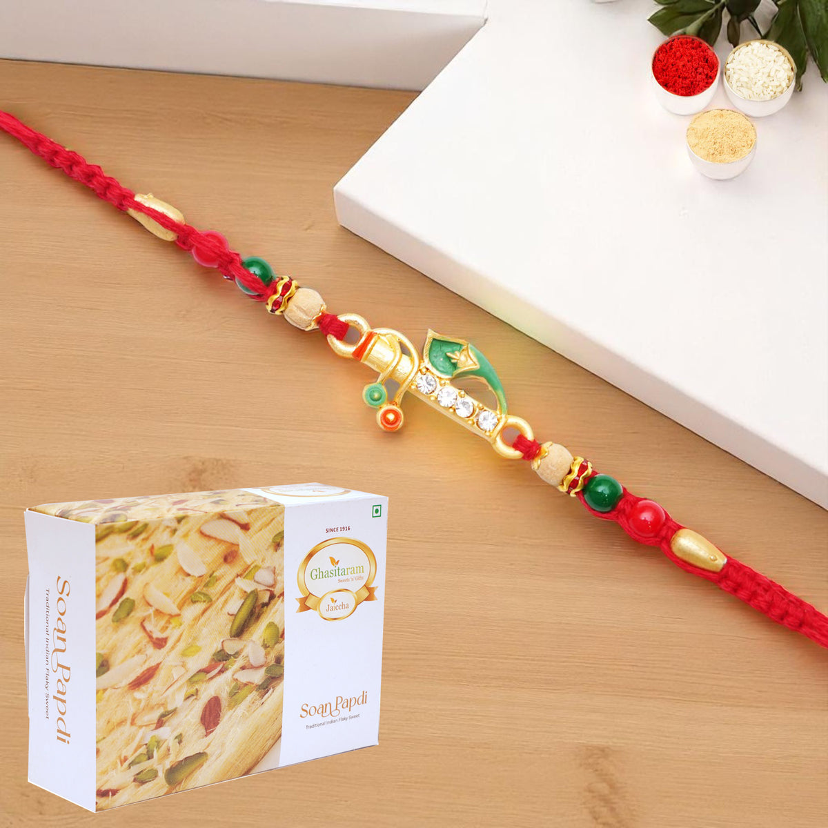 x-73 Divine Krishna Rakhi with 400 gms of Soan Papdi