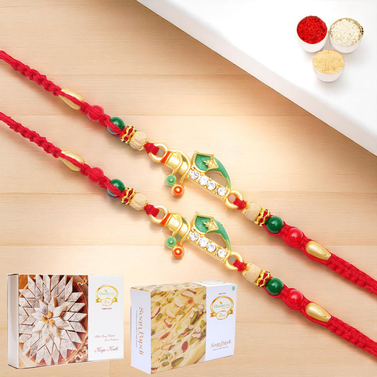 Set of 2 - x-73 Divine Krishna Rakhi with 200 gms of Kaju katli and 200 gms of Soan Papdi