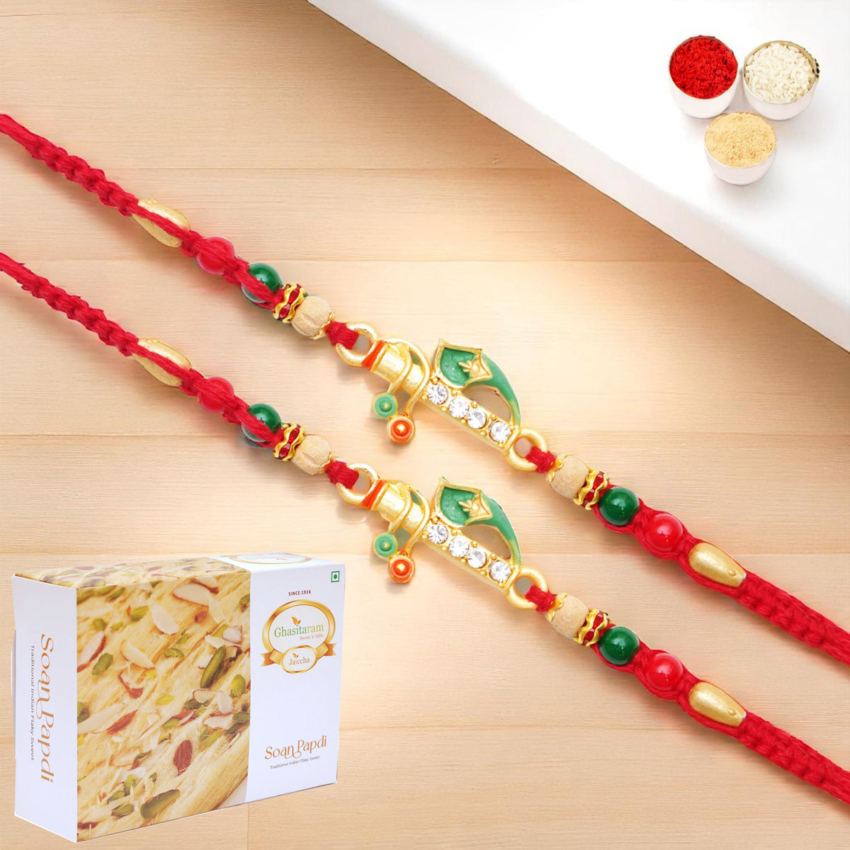 Rakhis Online Australia-Set of 2 - x-73 Divine Krishna Rakhi with 200 gms of Soan Papdi