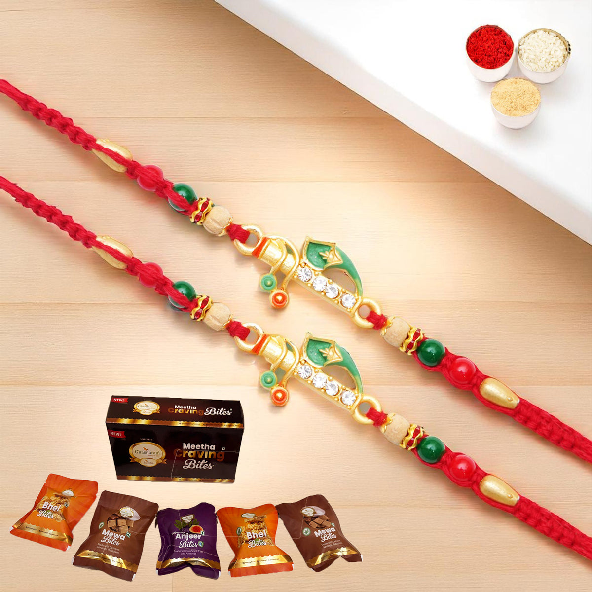 Rakhis Online Australia-Set of 2 - x-73 Divine Krishna Rakhi with Asorted bites box