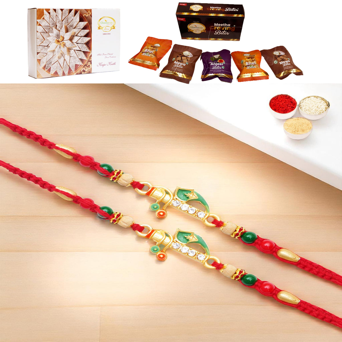 Set of 2 - x-73 Divine Krishna Rakhi with Asorted bites box and 200 gms of Kaju katli